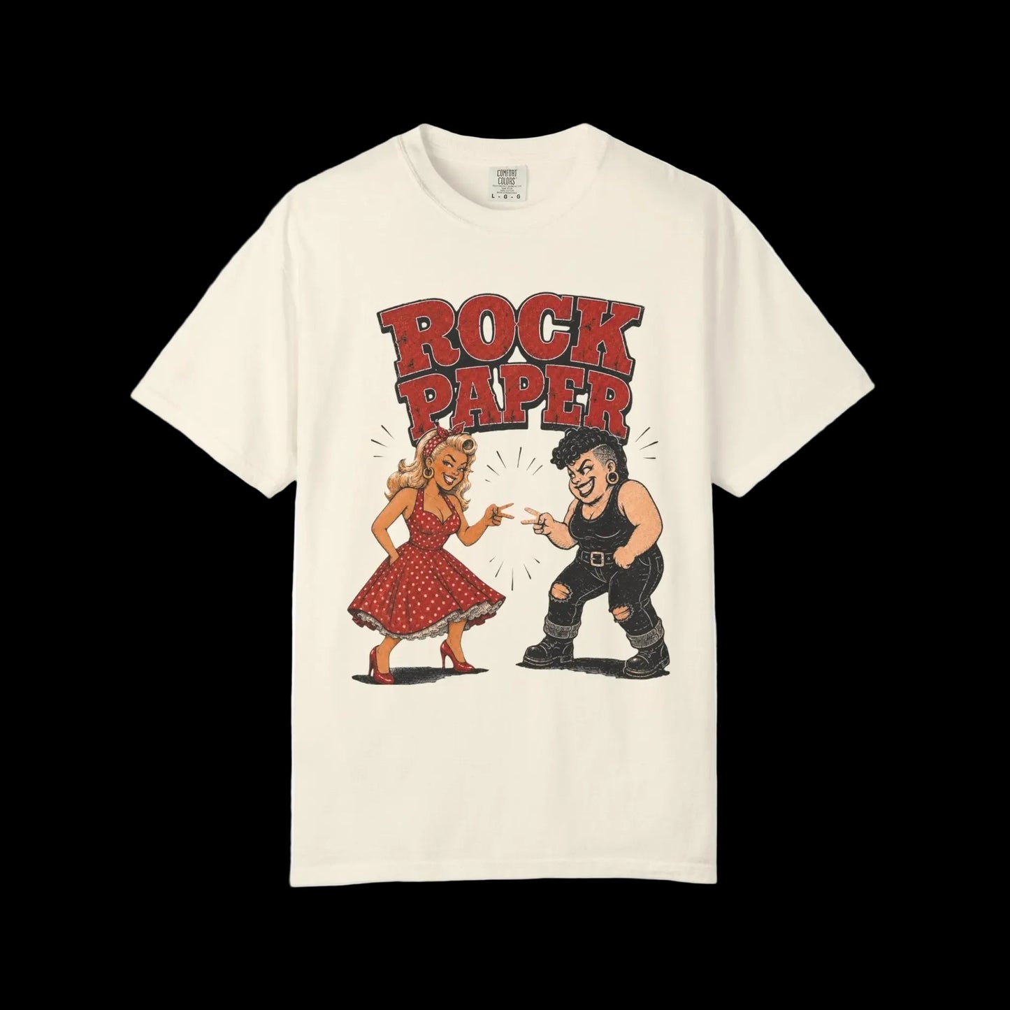 Vintage rockabilly pinup and tattooed character facing off beneath Rock Paper typography on Ivory Shirt.