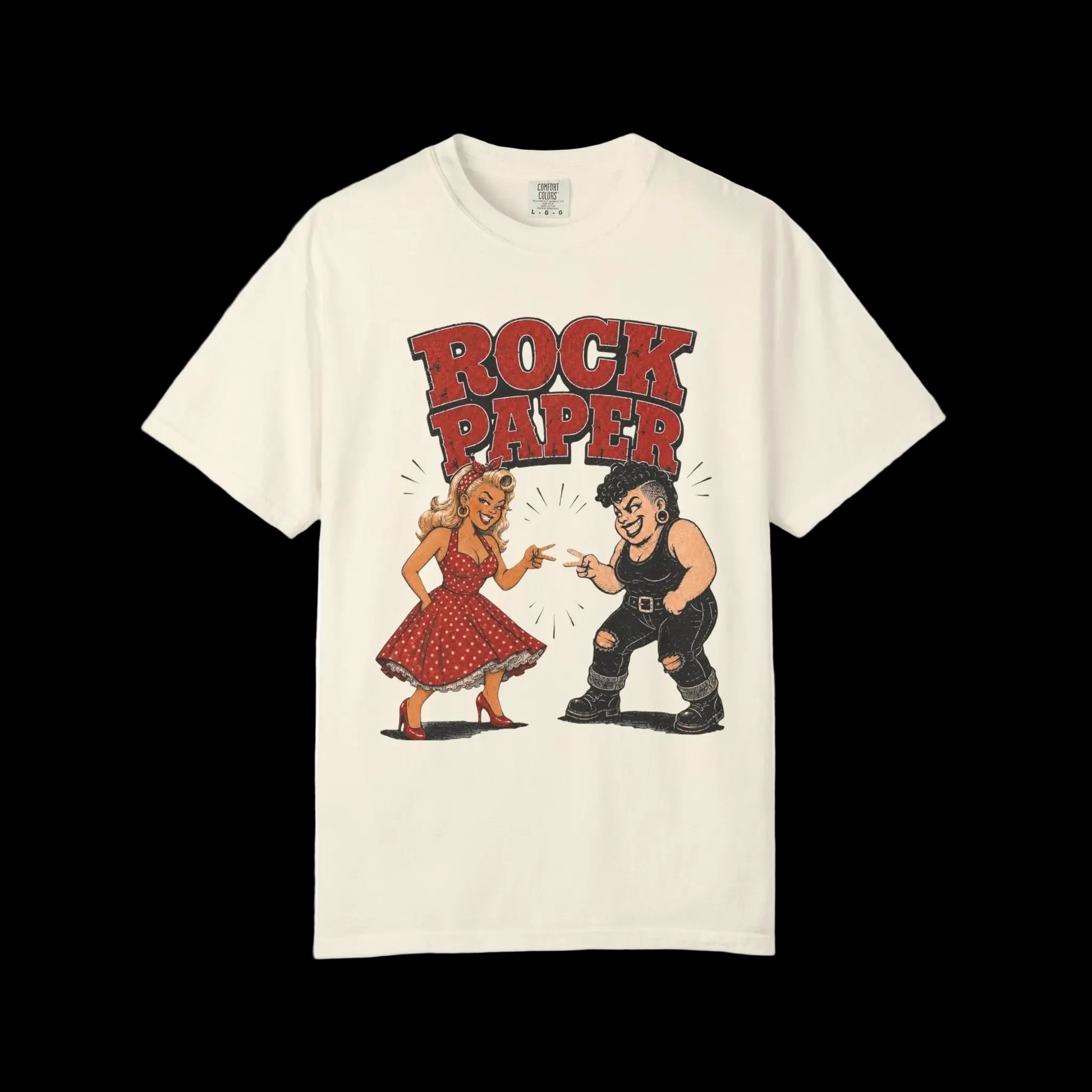 Vintage rockabilly pinup and tattooed character facing off beneath Rock Paper typography on Ivory Shirt.