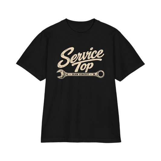 Black heavyweight T-shirt with distressed ivory SERVICE TOP lettering and Raw Circuit wrench graphic.