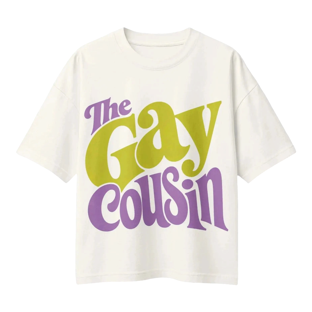 The Gay Cousin heavyweight vintage white tee with green and purple oversized graphic
