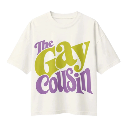 The Gay Cousin heavyweight vintage white tee with green and purple oversized graphic