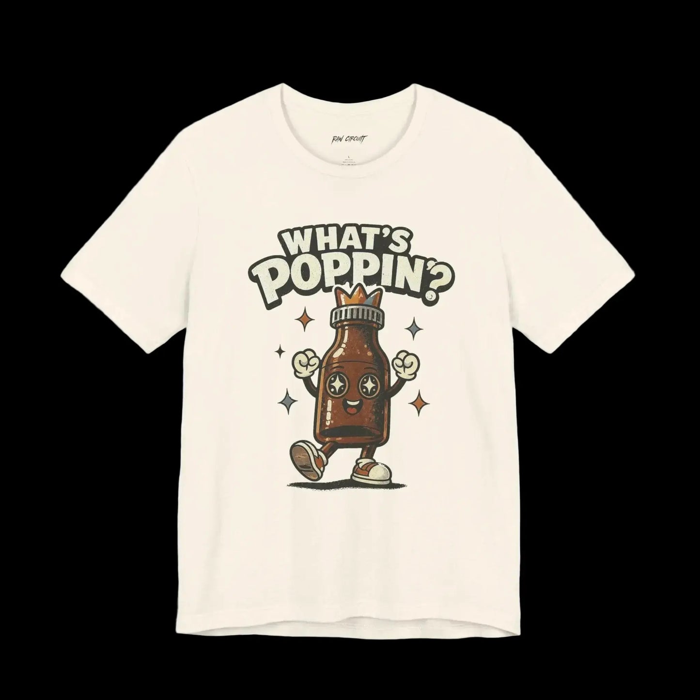 What’s poppin’? Mascot character for raw circuit on BellaCanvas natural shirt blank.