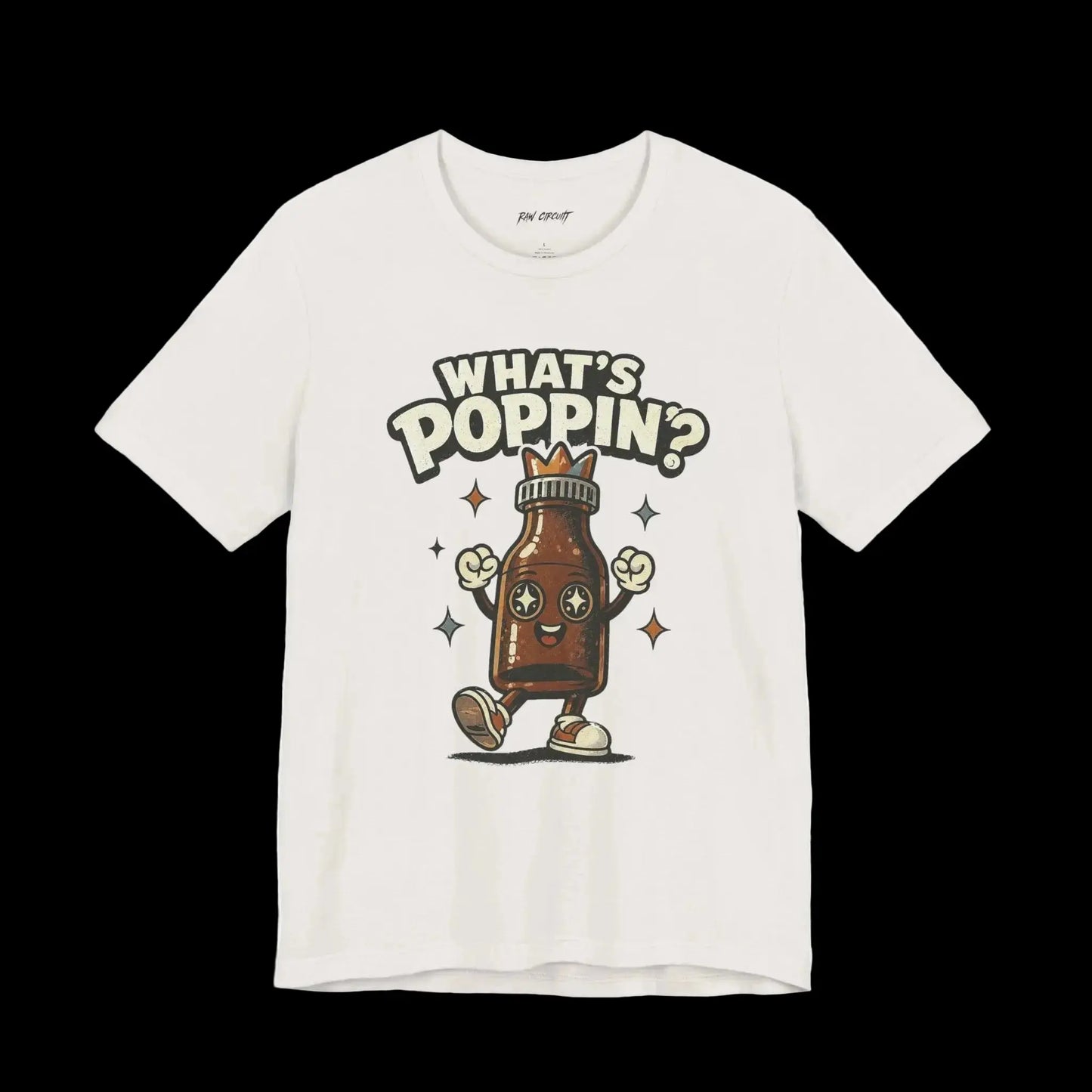 What’s poppin’? Mascot character for raw circuit on BellaCanvas vintage white shirt blank.