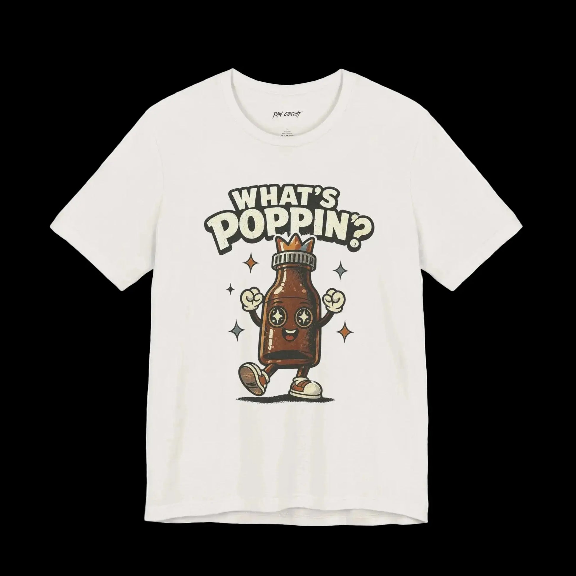 What’s poppin’? Mascot character for raw circuit on BellaCanvas vintage white shirt blank.
