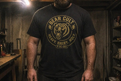 Raw Circuit’s Bear Cult black graphic tee worn on a male figure in a garage shop setting 