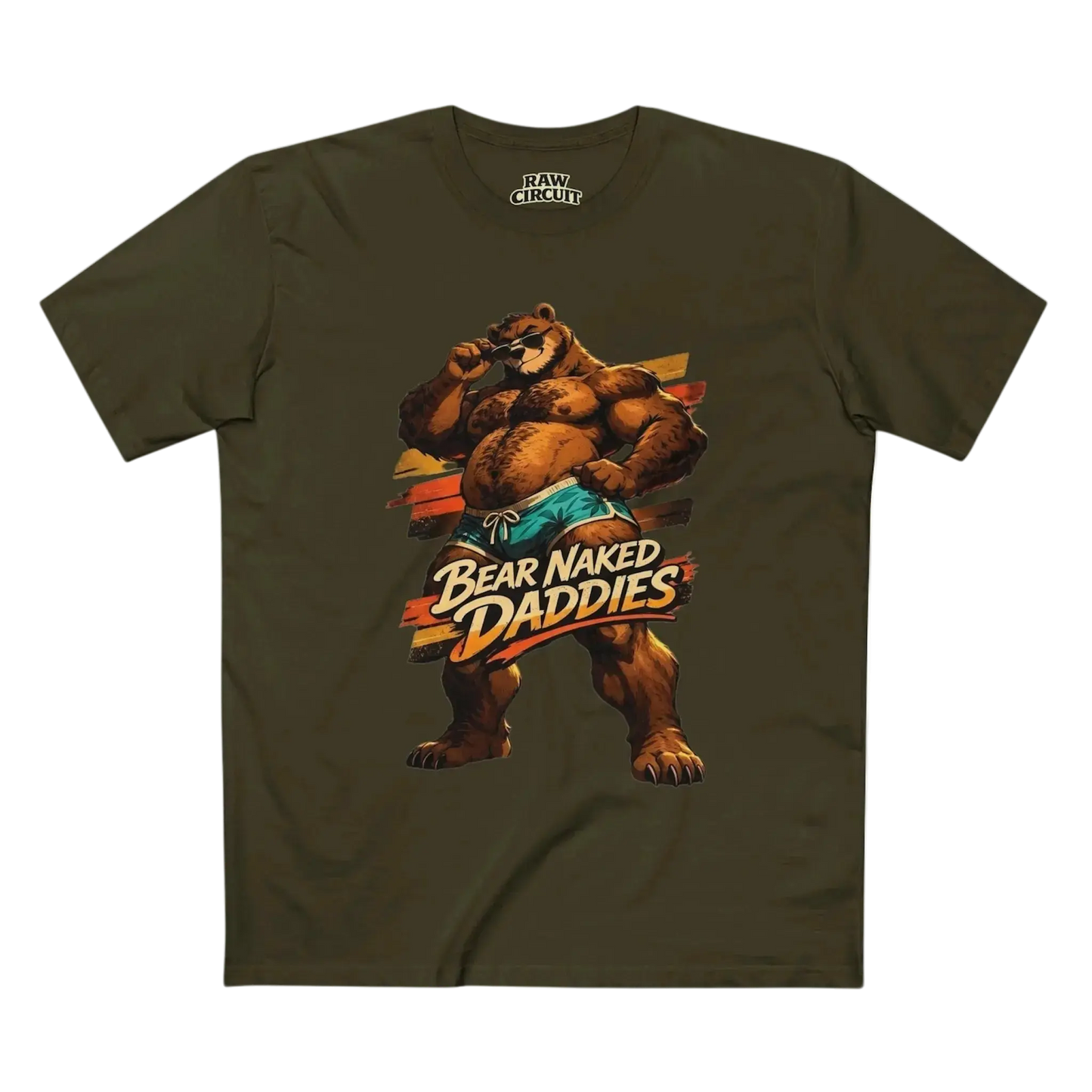 Bear Naked Daddies retro mascot bear graphic tee printed on Army