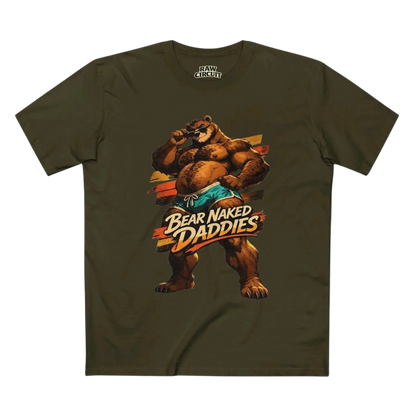 Bear Naked Daddies retro mascot bear graphic tee printed on Army