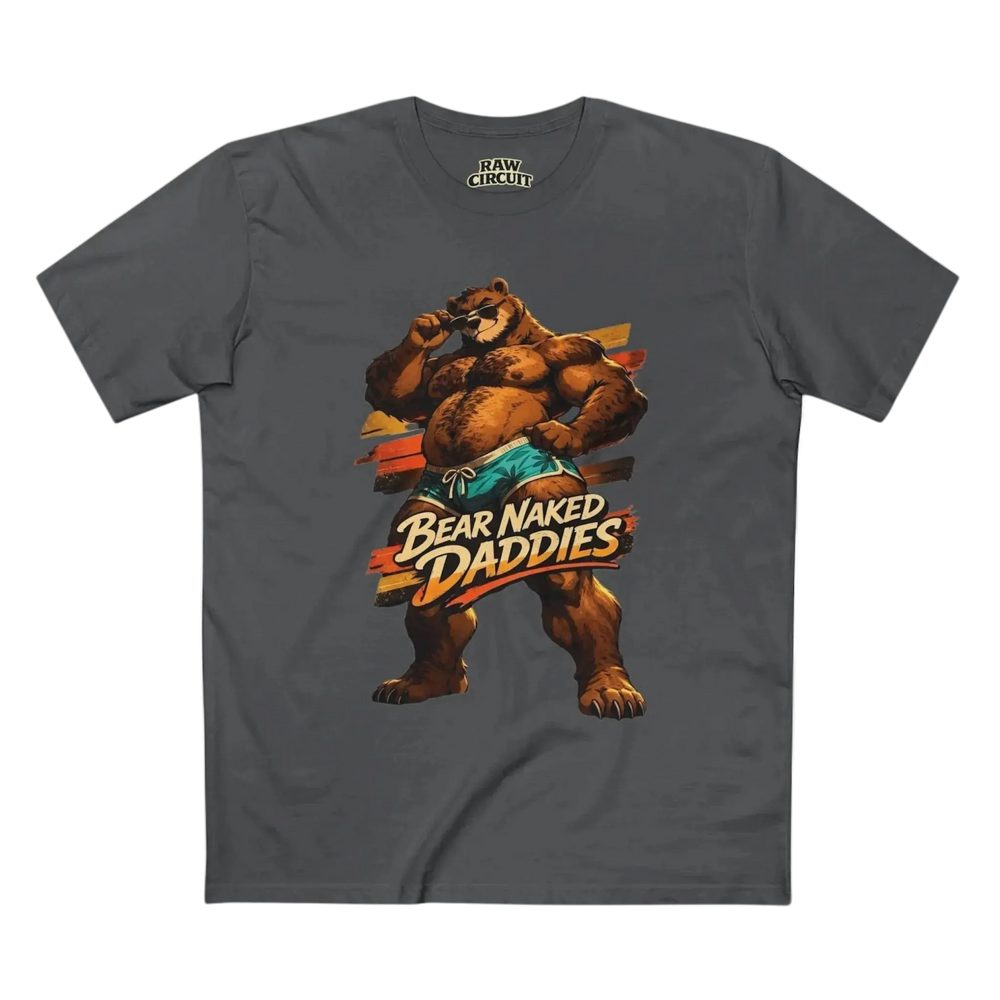 Vintage bear mascot graphic with Bear Naked Daddies text on charcoal