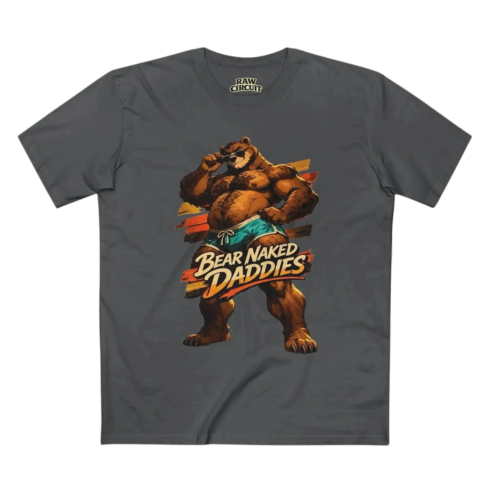 Vintage bear mascot graphic with Bear Naked Daddies text on charcoal