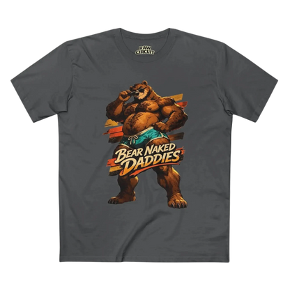 Vintage bear mascot graphic with Bear Naked Daddies text on charcoal