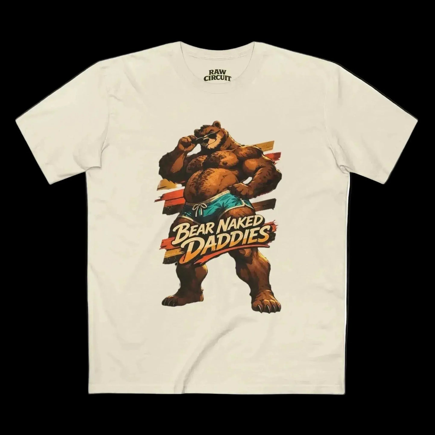 Retro muscular bear mascot graphic with Bear Naked Daddies text printed on natural