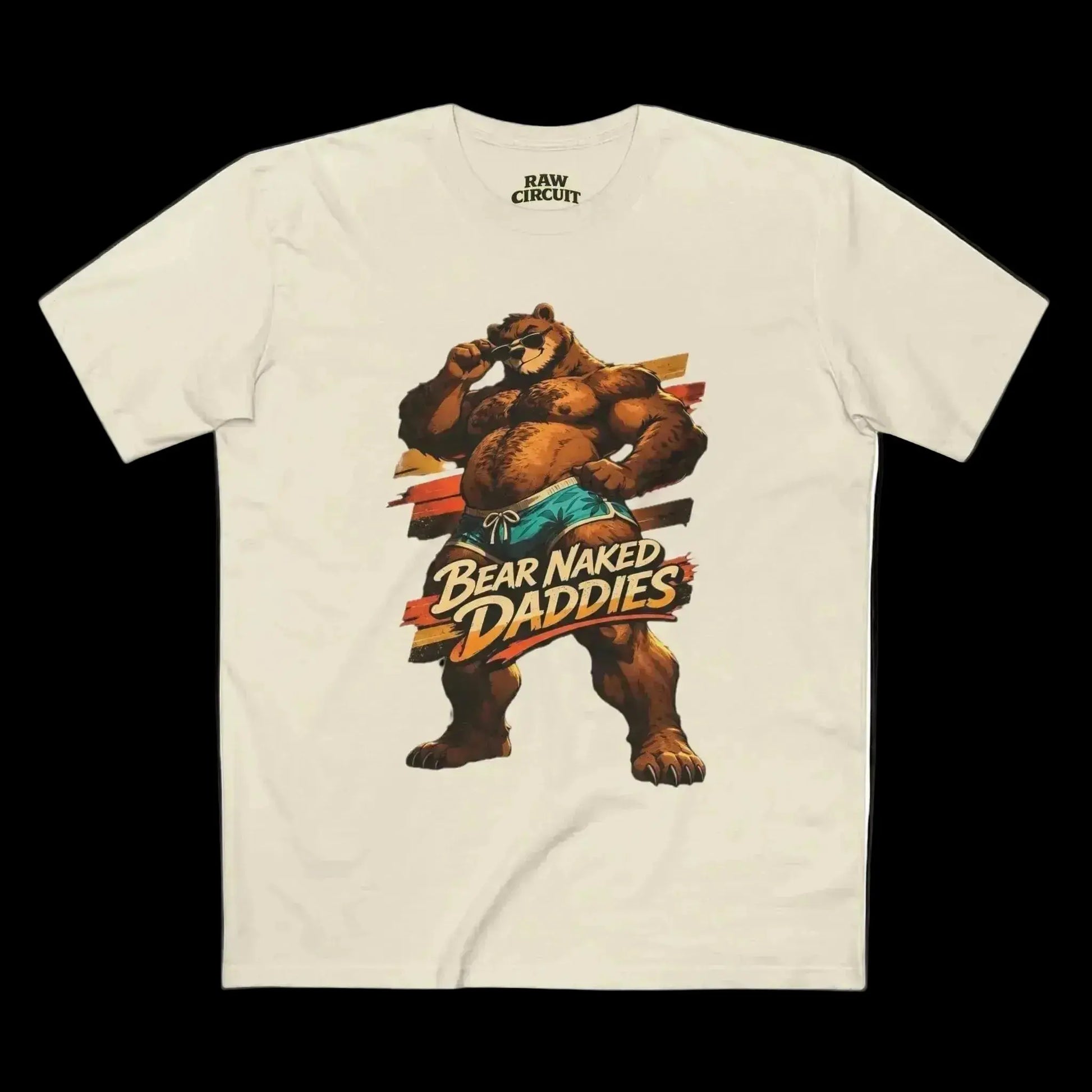 Retro muscular bear mascot graphic with Bear Naked Daddies text printed on natural