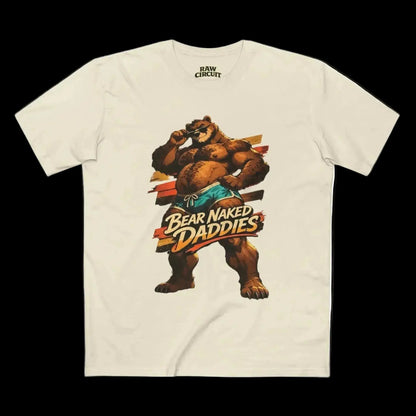 Retro muscular bear mascot graphic with Bear Naked Daddies text printed on natural