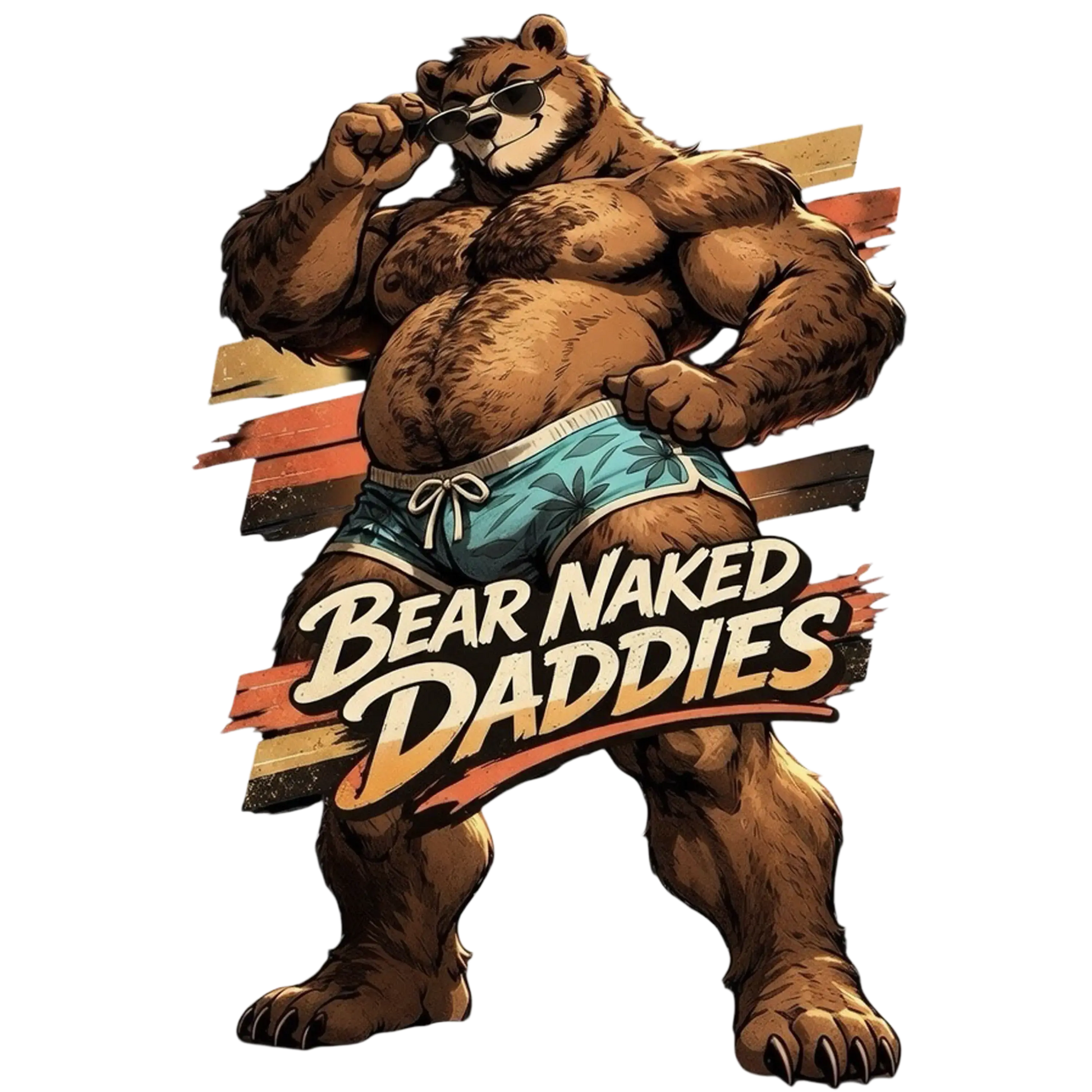Retro muscular bear mascot wearing sunglasses and swim trunks with Bear Naked Daddies typography