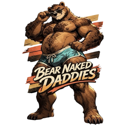 Retro muscular bear mascot wearing sunglasses and swim trunks with Bear Naked Daddies typography