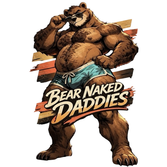 Retro muscular bear mascot wearing sunglasses and swim trunks with Bear Naked Daddies typography