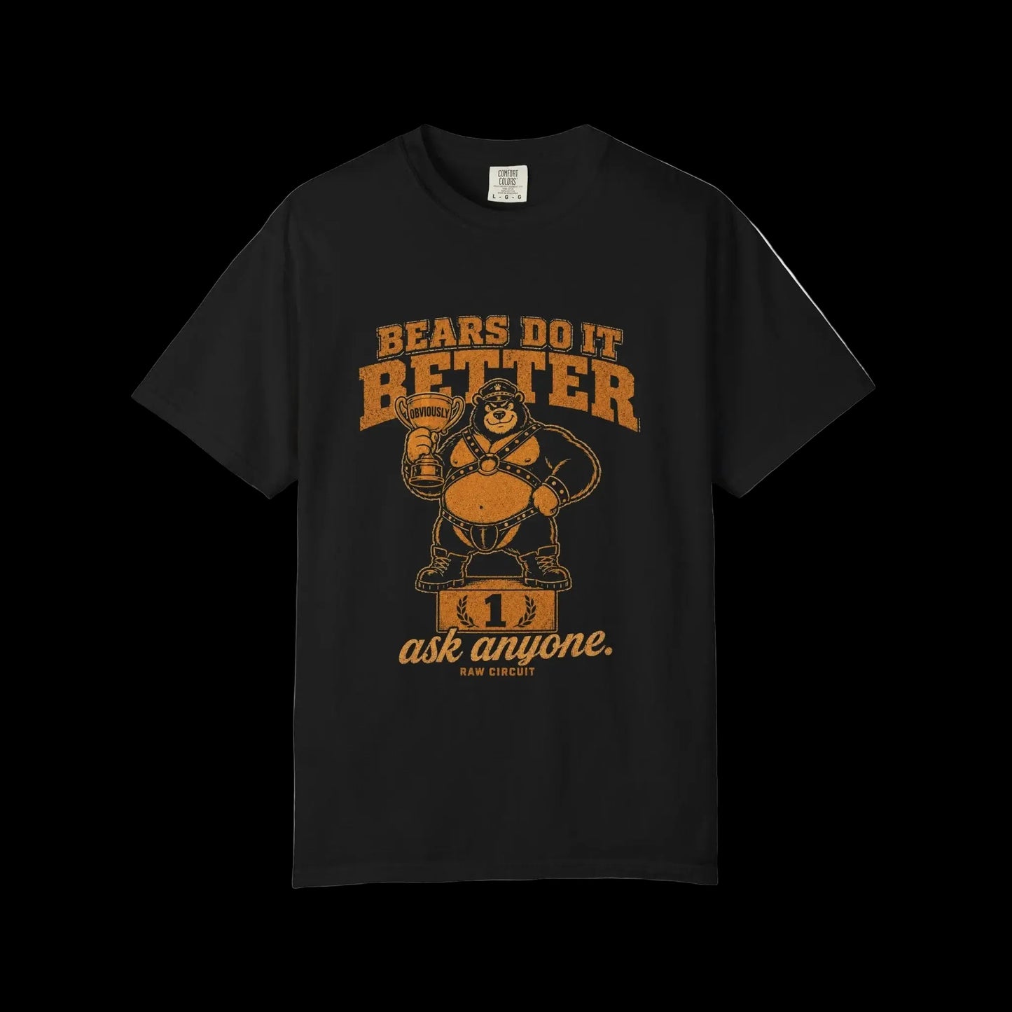 Vintage leather bear mascot standing on a winner's podium holding a trophy labeled Obviously beneath Bears Do It Better typography.