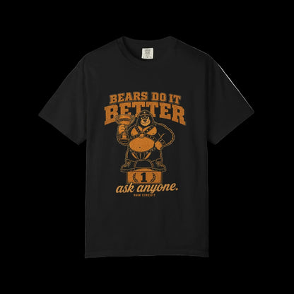 Vintage leather bear mascot standing on a winner's podium holding a trophy labeled Obviously beneath Bears Do It Better typography.
