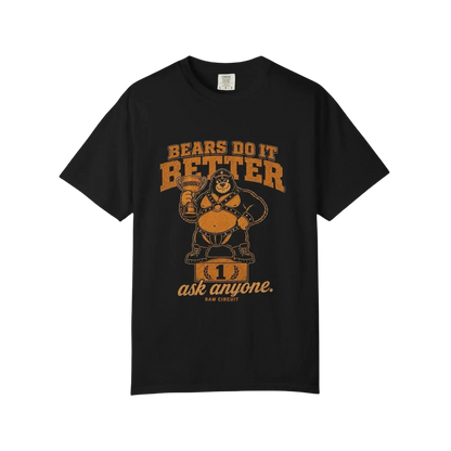 Leather bear mascot standing on a winner's podium holding a trophy labeled Obviously beneath Bears Do It Better typography.