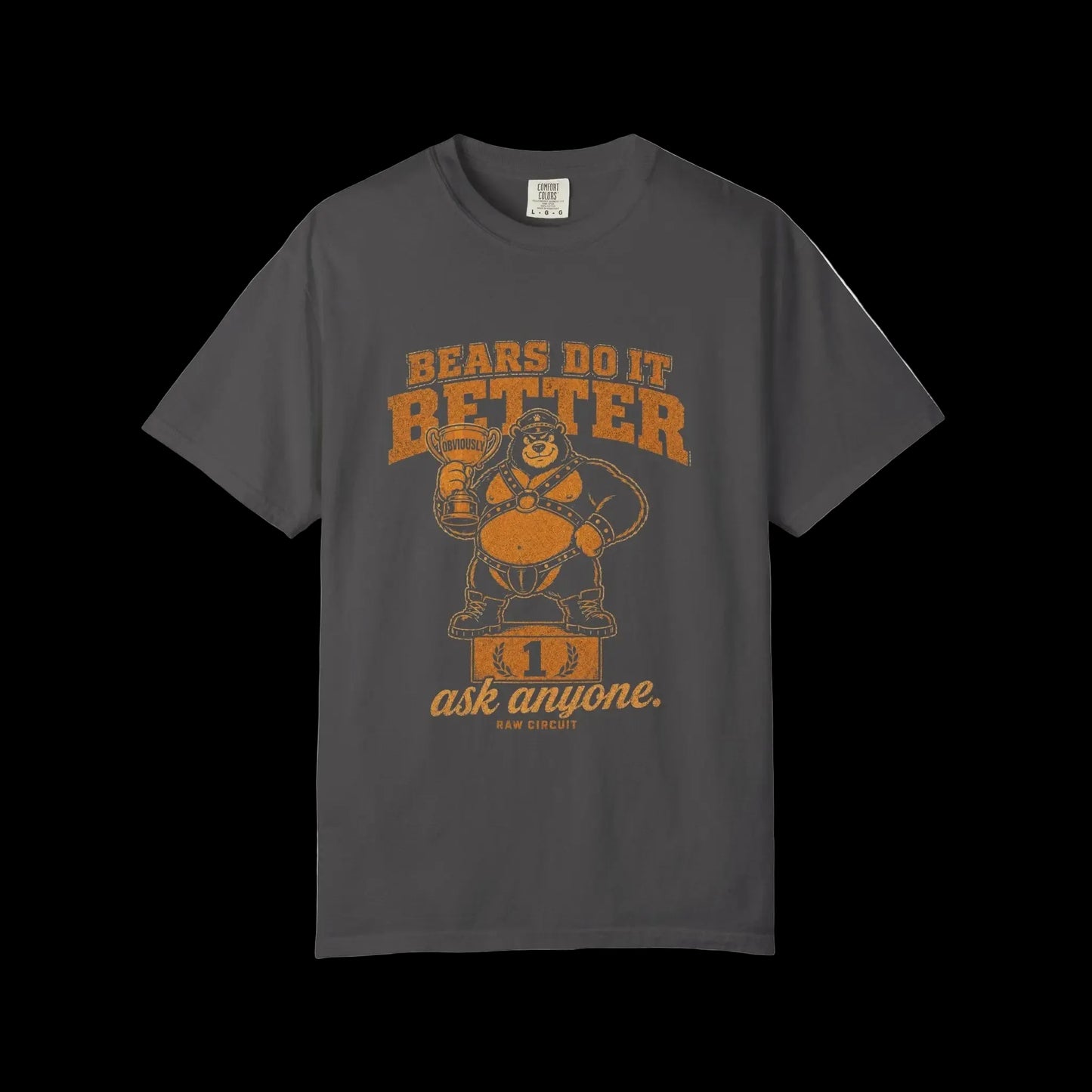 Vintage leather bear mascot standing on a winner's podium holding a trophy labeled Obviously beneath Bears Do It Better typography on graphite shirt.