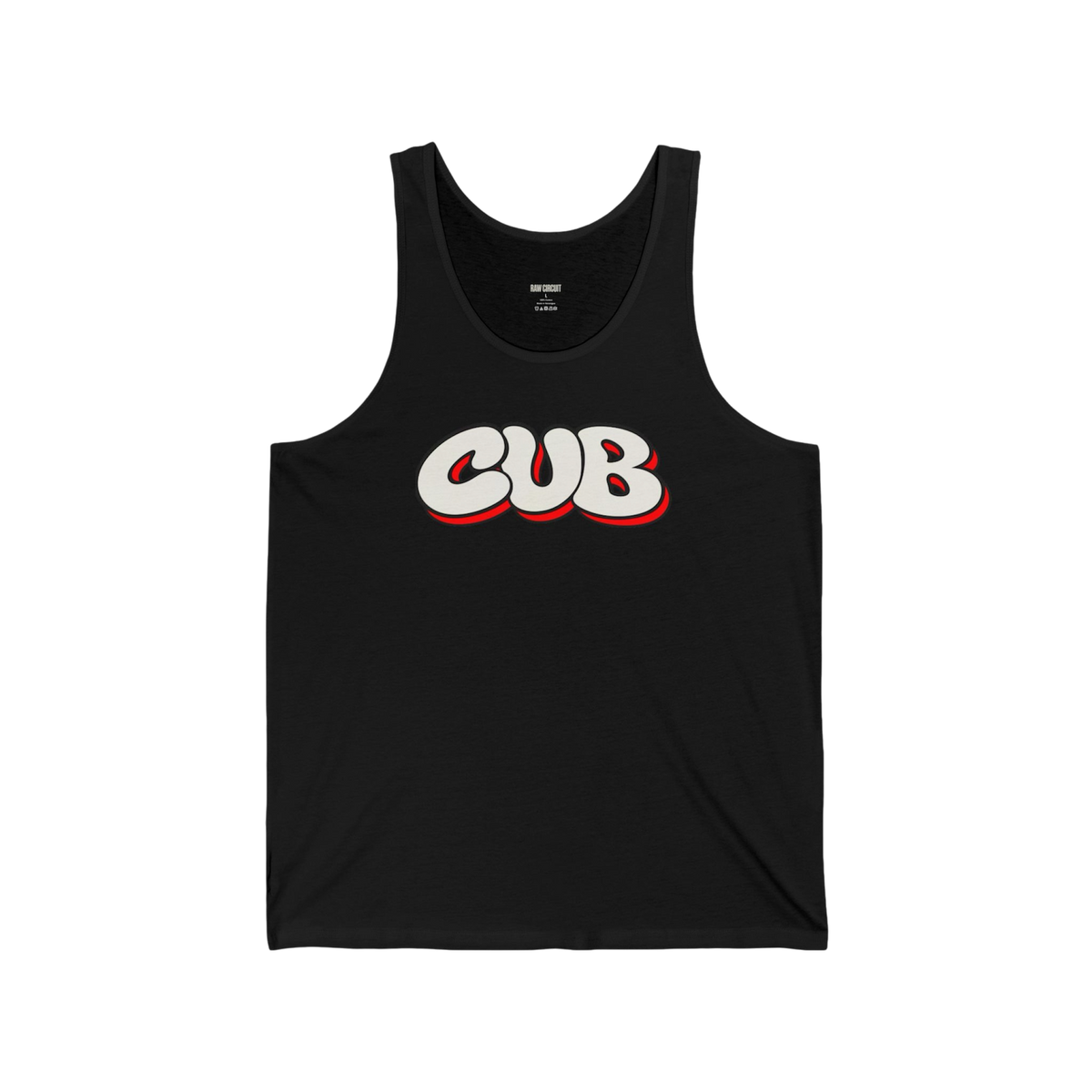 Black Bella+Canvas 3480 tank top featuring oversized cream CUB lettering with black outlines and red offset shadows across the upper chest.