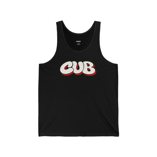 Black Bella+Canvas 3480 tank top featuring oversized cream CUB lettering with black outlines and red offset shadows across the upper chest.