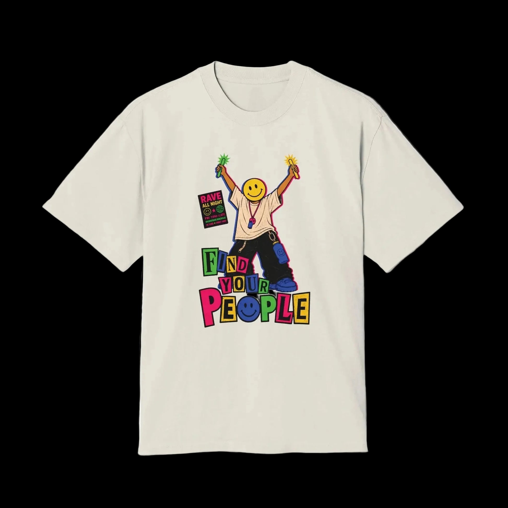Retro rave-inspired streetwear graphic featuring a faceless figure with a large yellow smiley-face head holding glow sticks overhead, surrounded by neon warehouse-flyer typography reading “FIND YOUR PEOPLE.” Distressed underground nightlife aesthetic with acid pink, electric blue, neon green, and vintage cream details on a faded black oversized AS Colour tee.