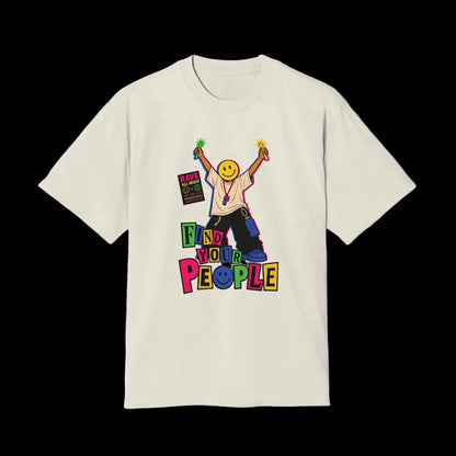 Retro rave-inspired streetwear graphic featuring a faceless figure with a large yellow smiley-face head holding glow sticks overhead, surrounded by neon warehouse-flyer typography reading “FIND YOUR PEOPLE.” Distressed underground nightlife aesthetic with acid pink, electric blue, neon green, and vintage cream details on a faded black oversized AS Colour tee.