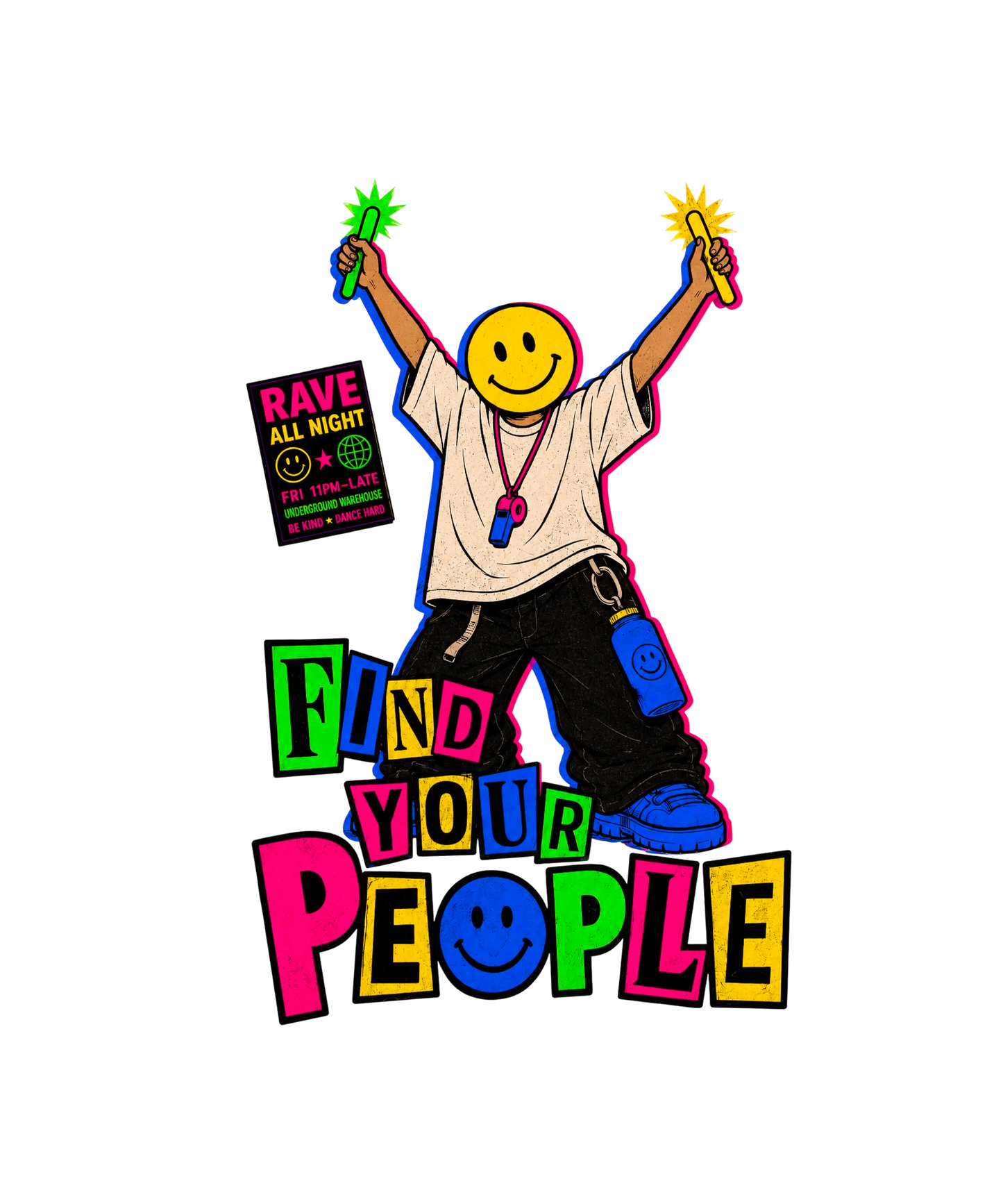Retro rave-inspired streetwear graphic featuring a faceless figure with a large yellow smiley-face head holding glow sticks overhead, surrounded by neon warehouse-flyer typography reading “FIND YOUR PEOPLE.” Distressed underground nightlife aesthetic with acid pink, electric blue, neon green, and vintage cream details on a faded black oversized AS Colour tee.
