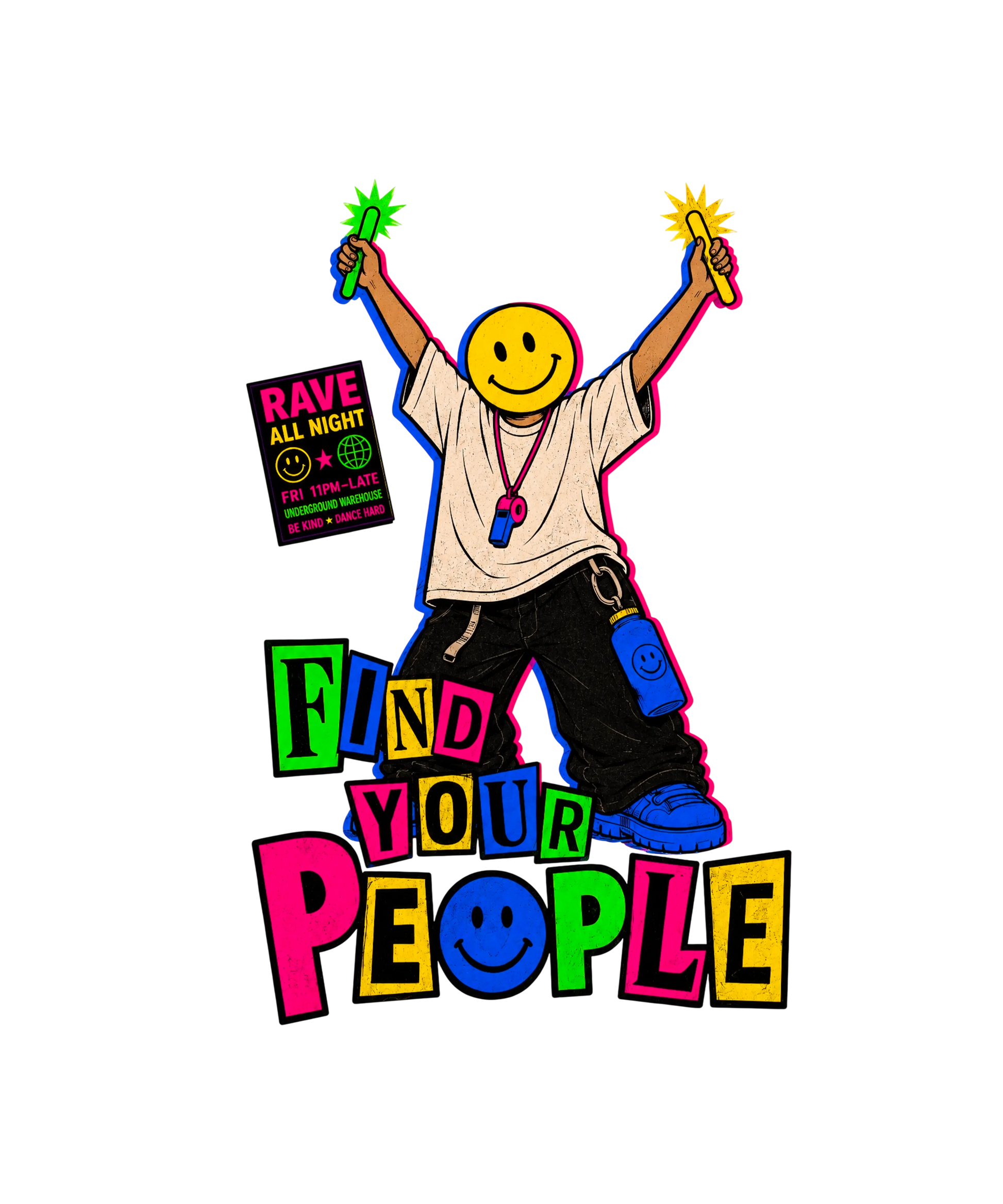 Retro rave-inspired streetwear graphic featuring a faceless figure with a large yellow smiley-face head holding glow sticks overhead, surrounded by neon warehouse-flyer typography reading “FIND YOUR PEOPLE.” Distressed underground nightlife aesthetic with acid pink, electric blue, neon green, and vintage cream details on a faded black oversized AS Colour tee.