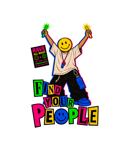 Retro rave-inspired streetwear graphic featuring a faceless figure with a large yellow smiley-face head holding glow sticks overhead, surrounded by neon warehouse-flyer typography reading “FIND YOUR PEOPLE.” Distressed underground nightlife aesthetic with acid pink, electric blue, neon green, and vintage cream details on a faded black oversized AS Colour tee.