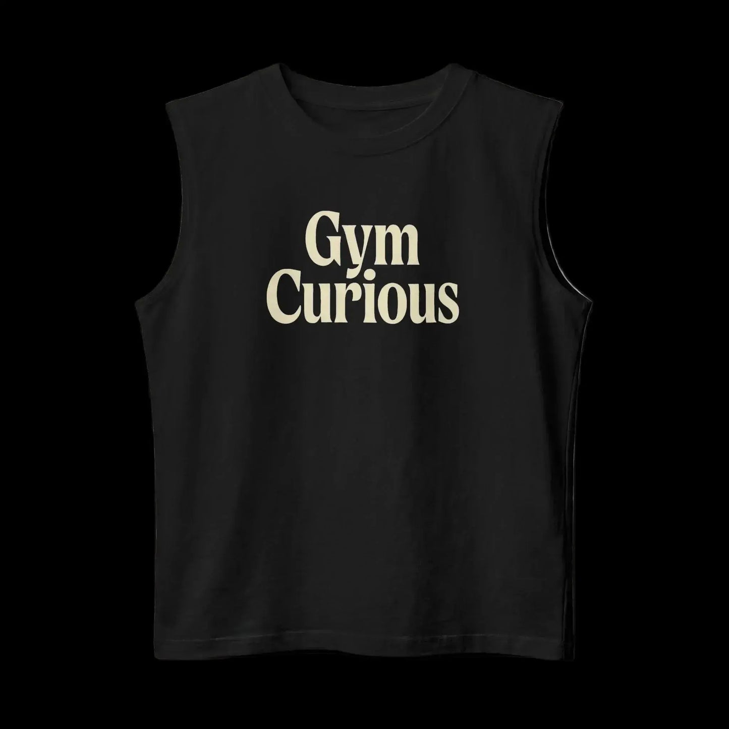 Black sleeveless shirt with 'Gym Curious' text