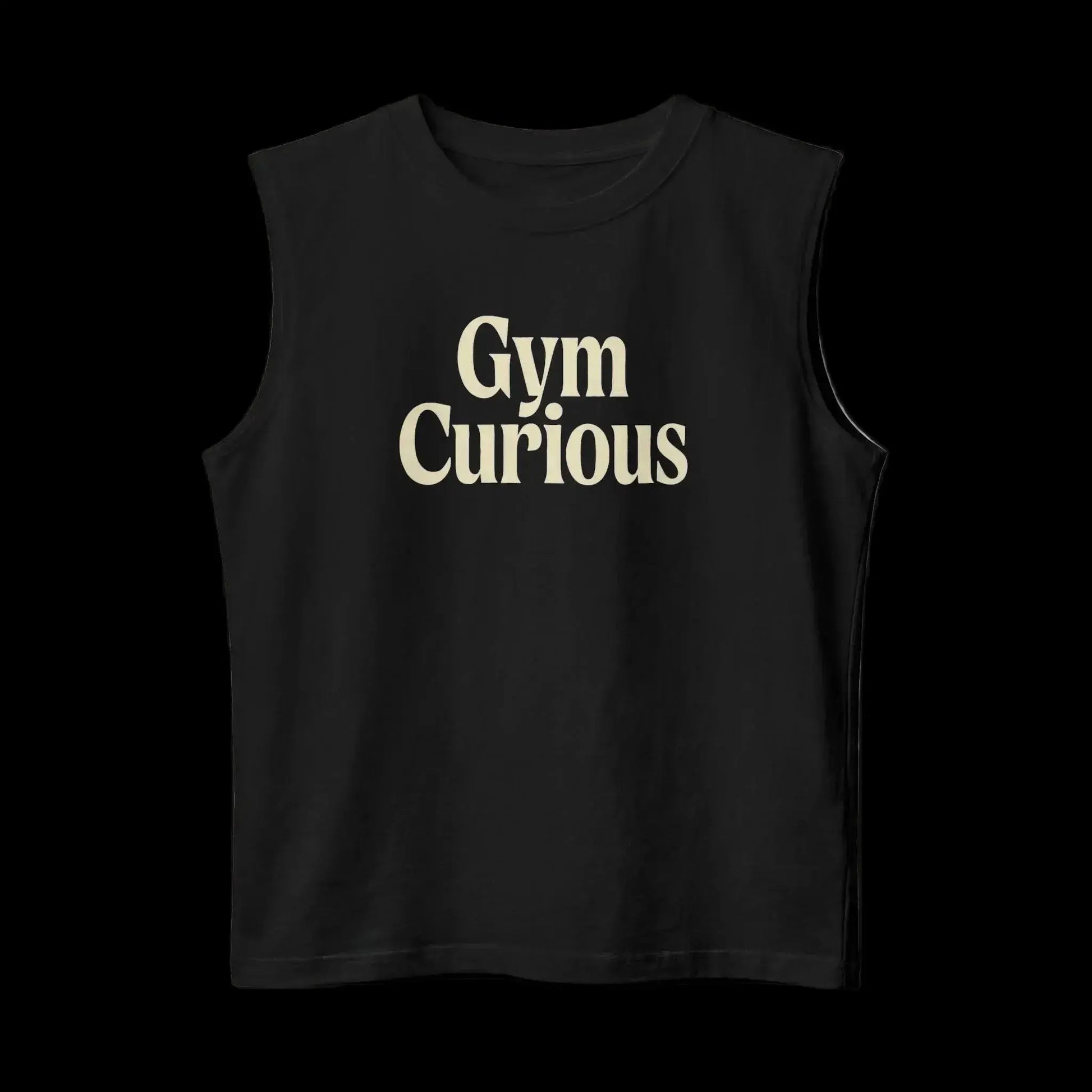 Black sleeveless shirt with 'Gym Curious' text
