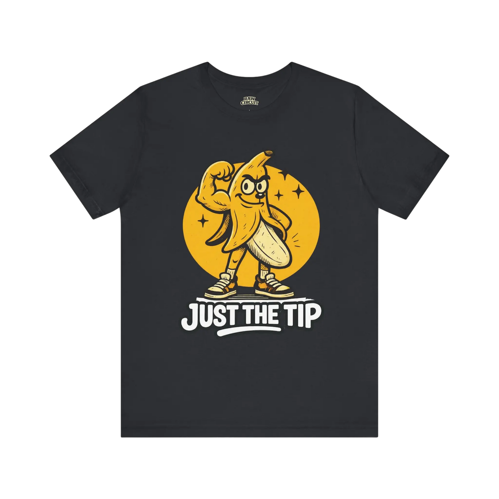 Black t-shirt with a cartoon banana character and 'Just the Tip' text