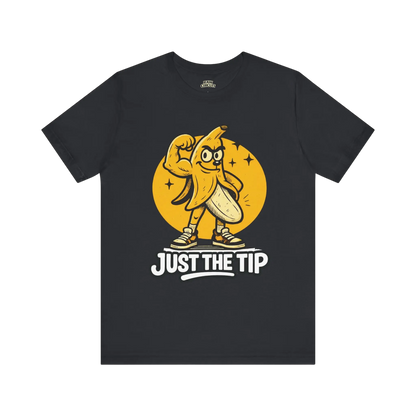 Black t-shirt with a cartoon banana character and 'Just the Tip' text