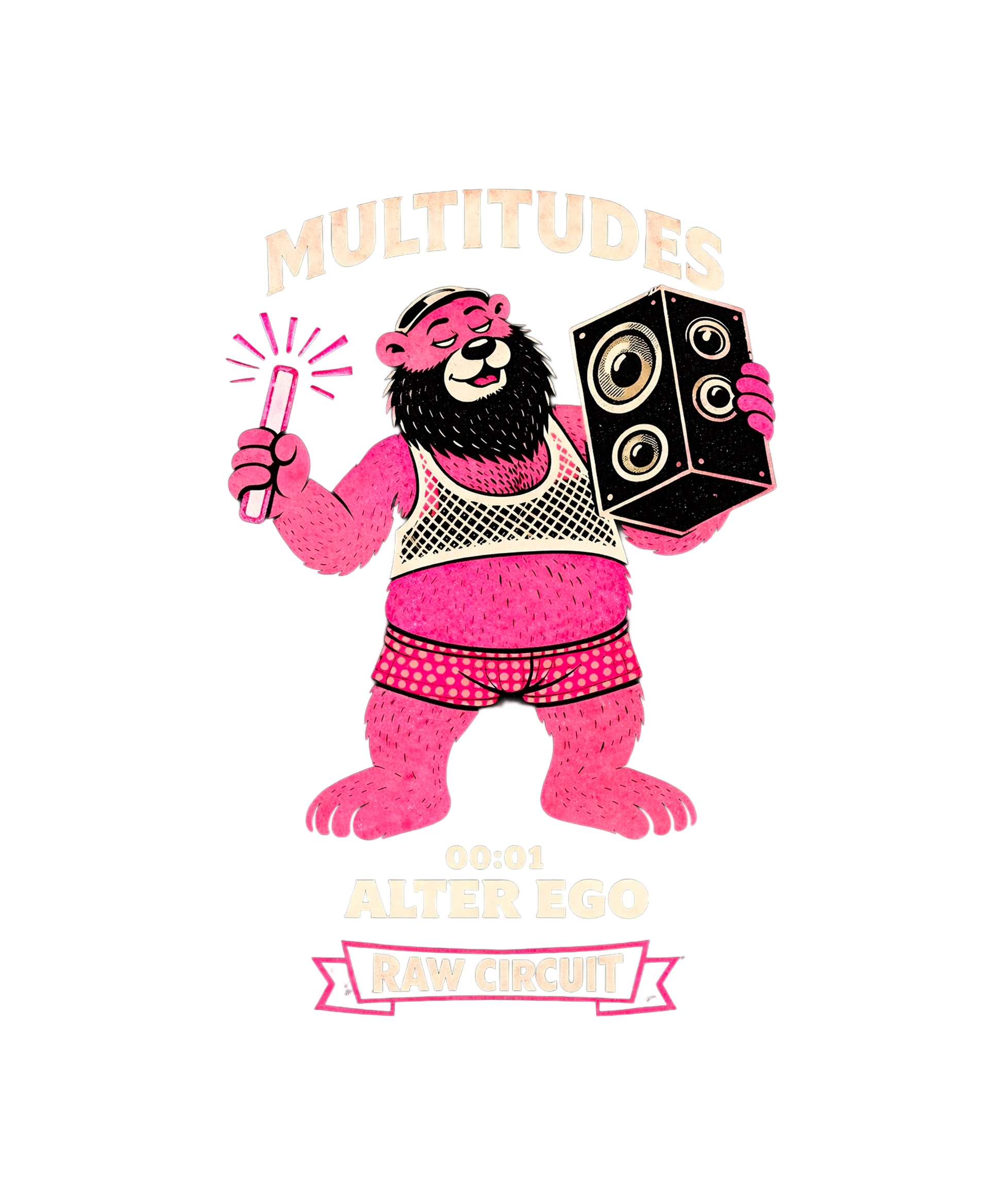 Multitudes Alter Ego graphic t-shirt by Raw Circuit featuring pink bear character with speaker and glow stick in retro style