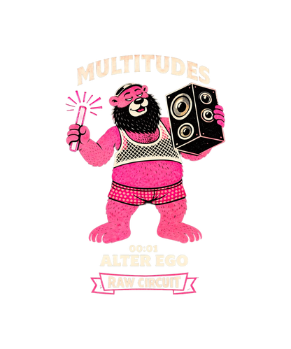 Multitudes Alter Ego graphic t-shirt by Raw Circuit featuring pink bear character with speaker and glow stick in retro style