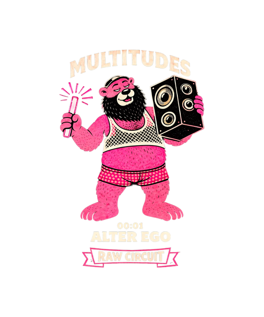 Multitudes Alter Ego graphic t-shirt by Raw Circuit featuring pink bear character with speaker and glow stick in retro style