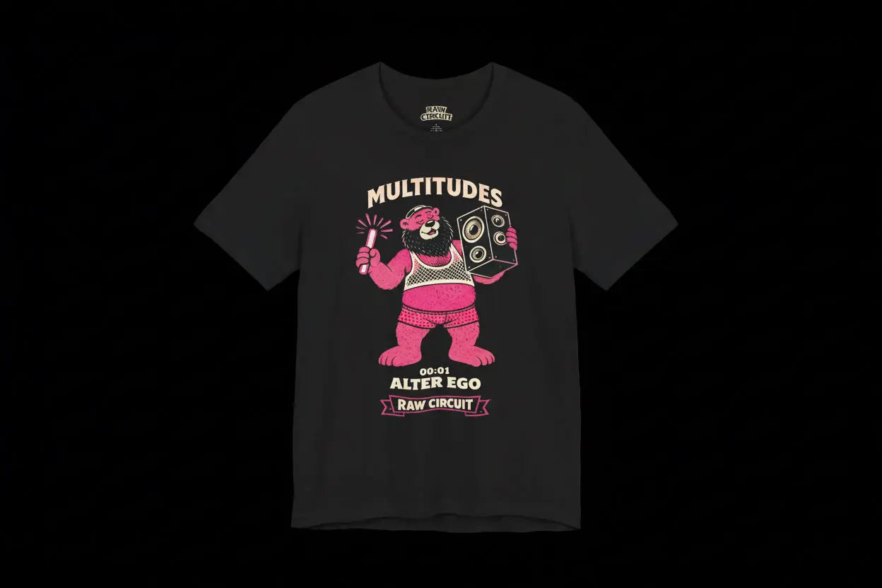 Multitudes Alter Ego graphic t-shirt by Raw Circuit featuring pink bear character with speaker and glow stick in retro style