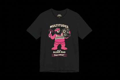 Multitudes Alter Ego graphic t-shirt by Raw Circuit featuring pink bear character with speaker and glow stick in retro style