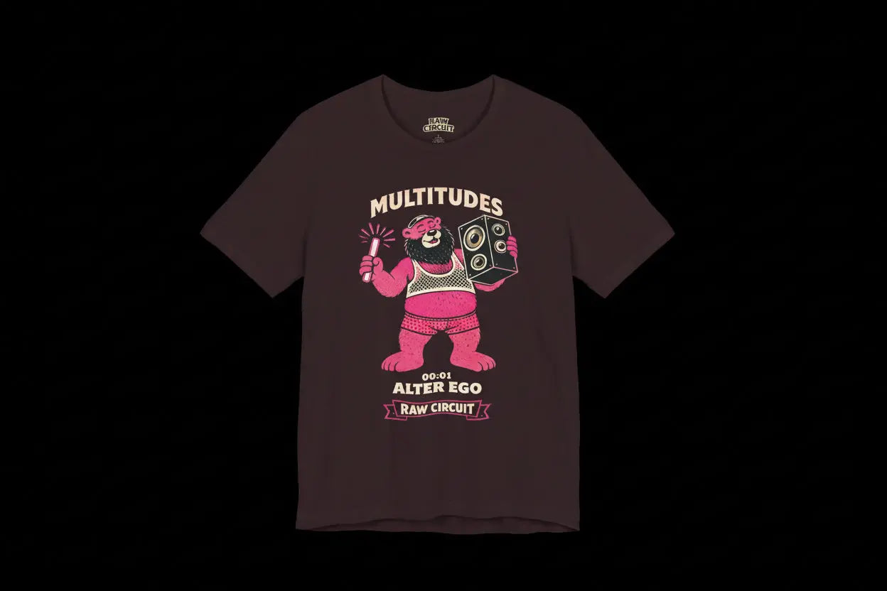 Multitudes Alter Ego graphic t-shirt by Raw Circuit featuring pink bear character with speaker and glow stick in retro style