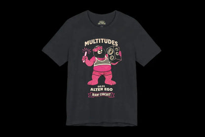 Multitudes Alter Ego graphic t-shirt by Raw Circuit featuring pink bear character with speaker and glow stick in retro style