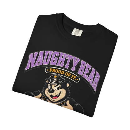 Vintage cartoon leather bear mascot with thumbs up on black folded tee