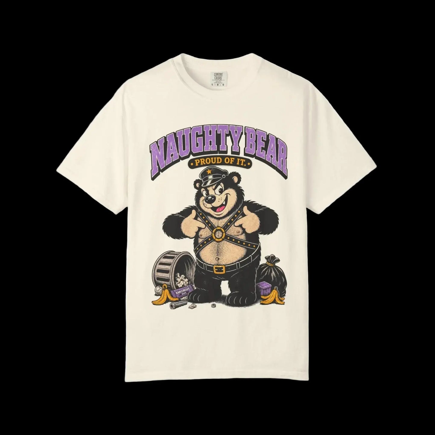 Vintage cartoon leather bear mascot standing proudly among scattered trash and banana peels, on ivory 