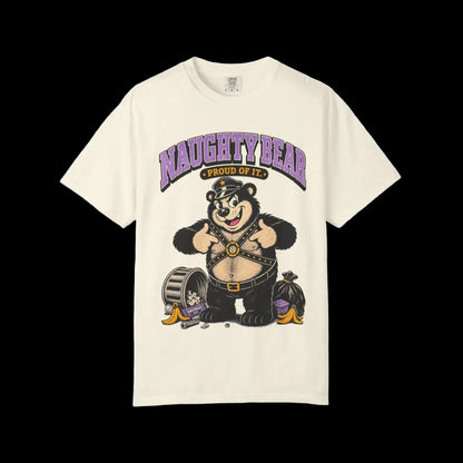 Vintage cartoon leather bear mascot standing proudly among scattered trash and banana peels, on ivory 