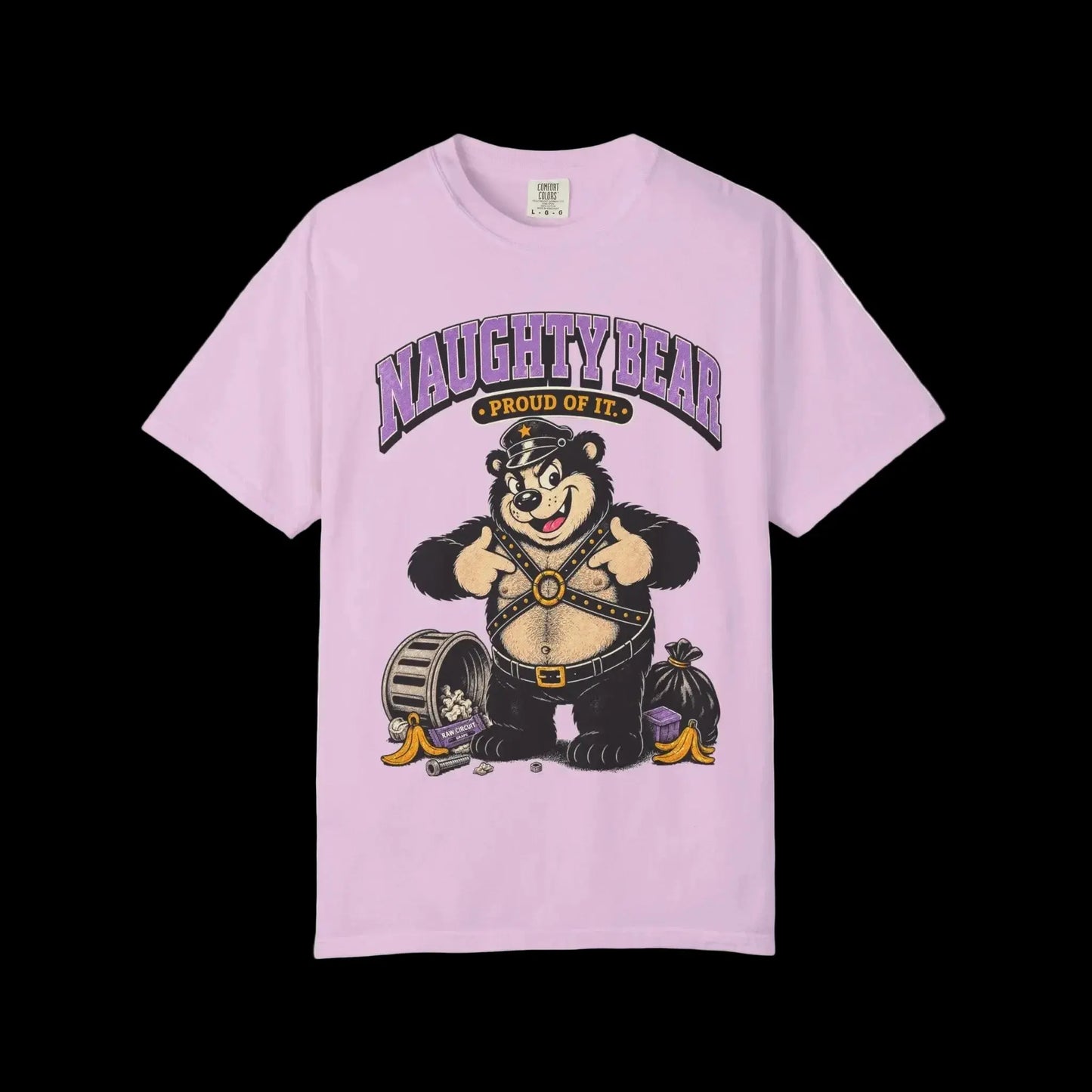 Vintage cartoon leather bear mascot standing proudly among scattered trash and banana peels, on orchid shirt blank