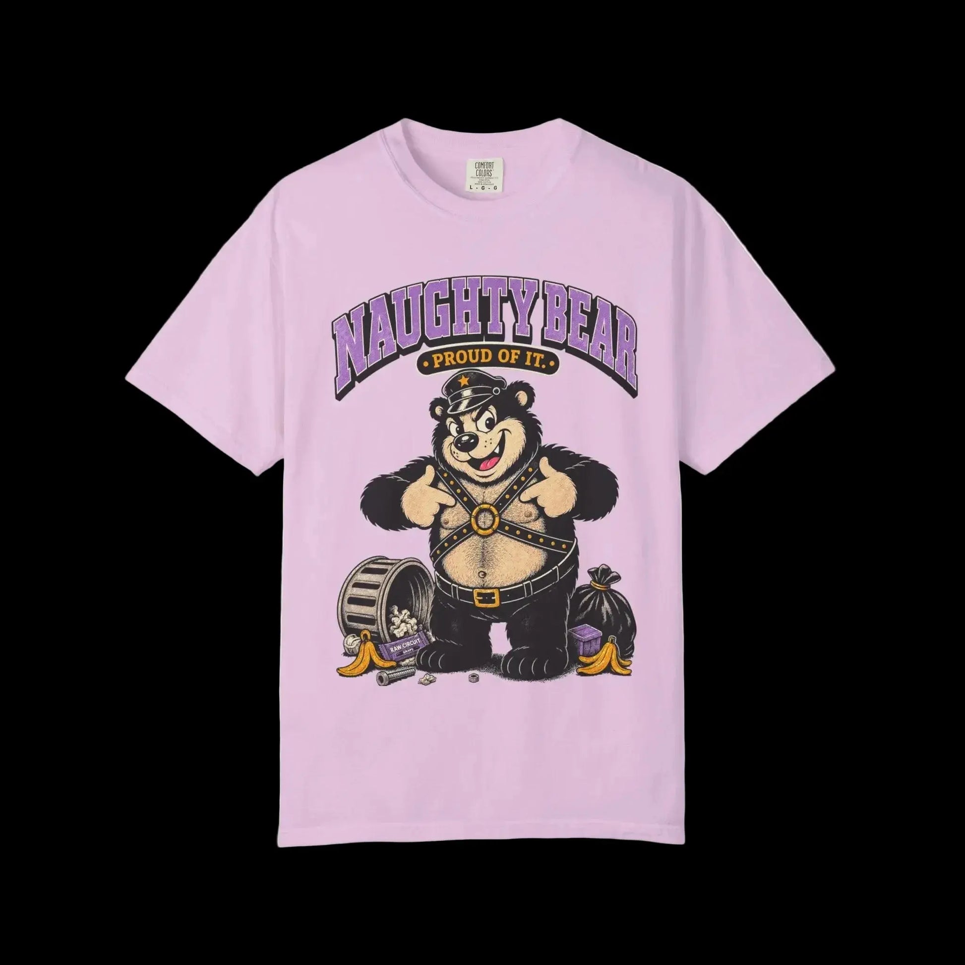 Vintage cartoon leather bear mascot standing proudly among scattered trash and banana peels, on orchid shirt blank
