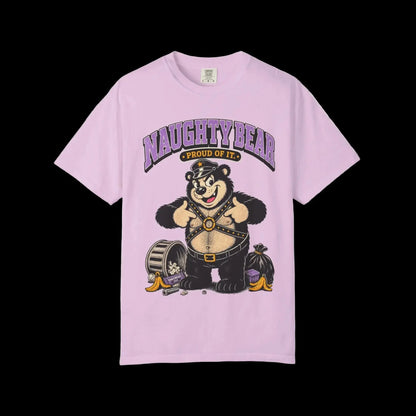 Vintage cartoon leather bear mascot standing proudly among scattered trash and banana peels, on orchid shirt blank