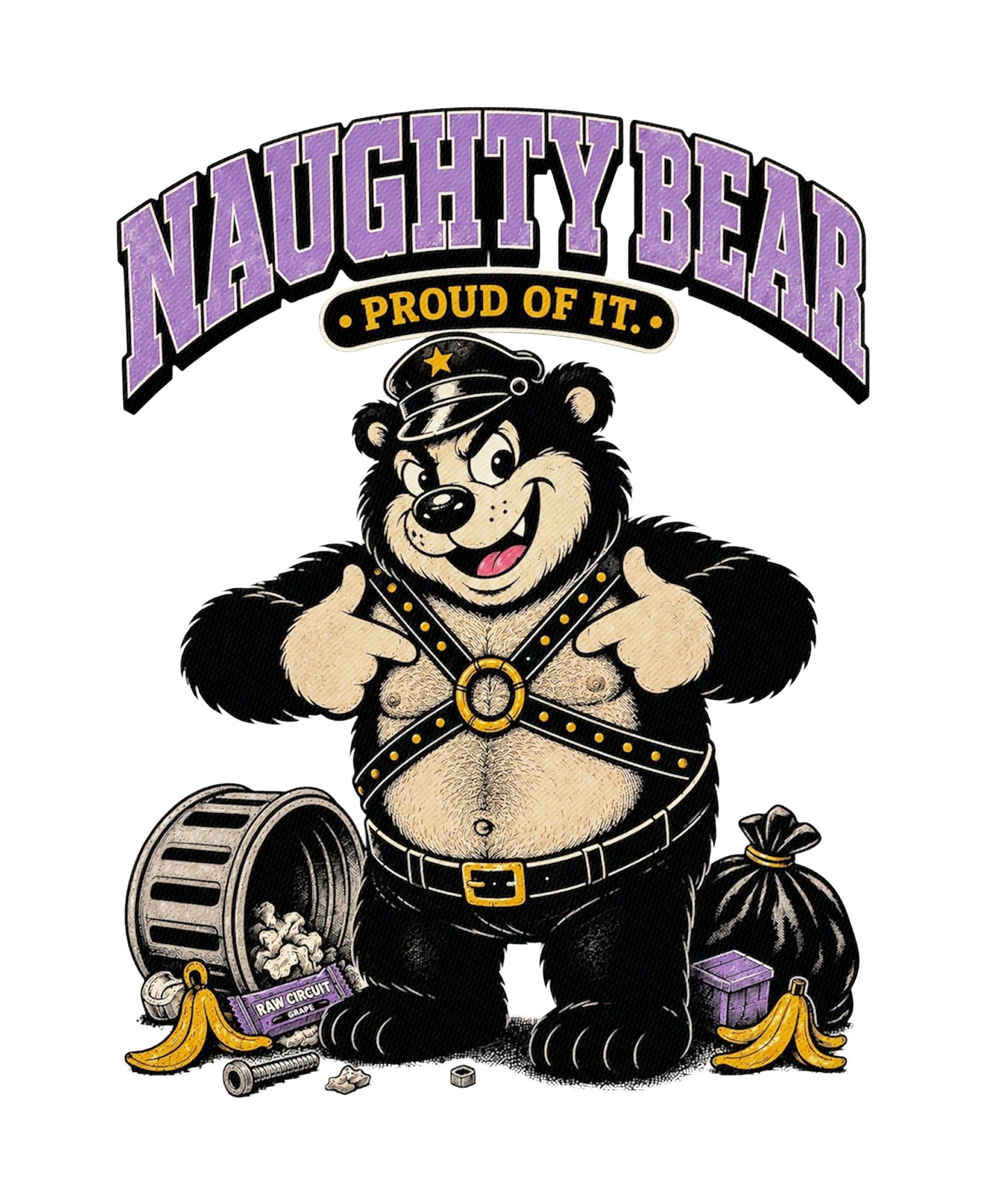 Vintage cartoon leather bear mascot standing proudly among scattered trash and banana peels.