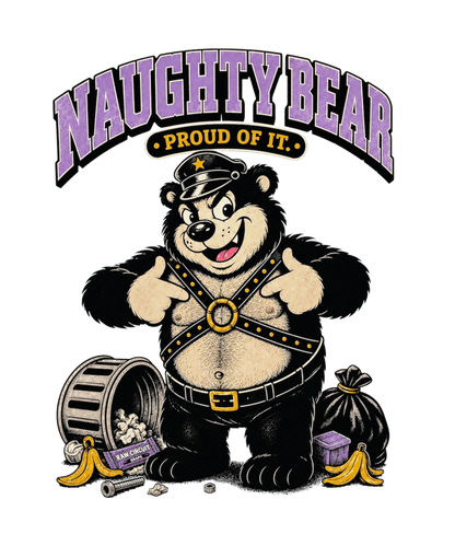 Vintage cartoon leather bear mascot standing proudly among scattered trash and banana peels.